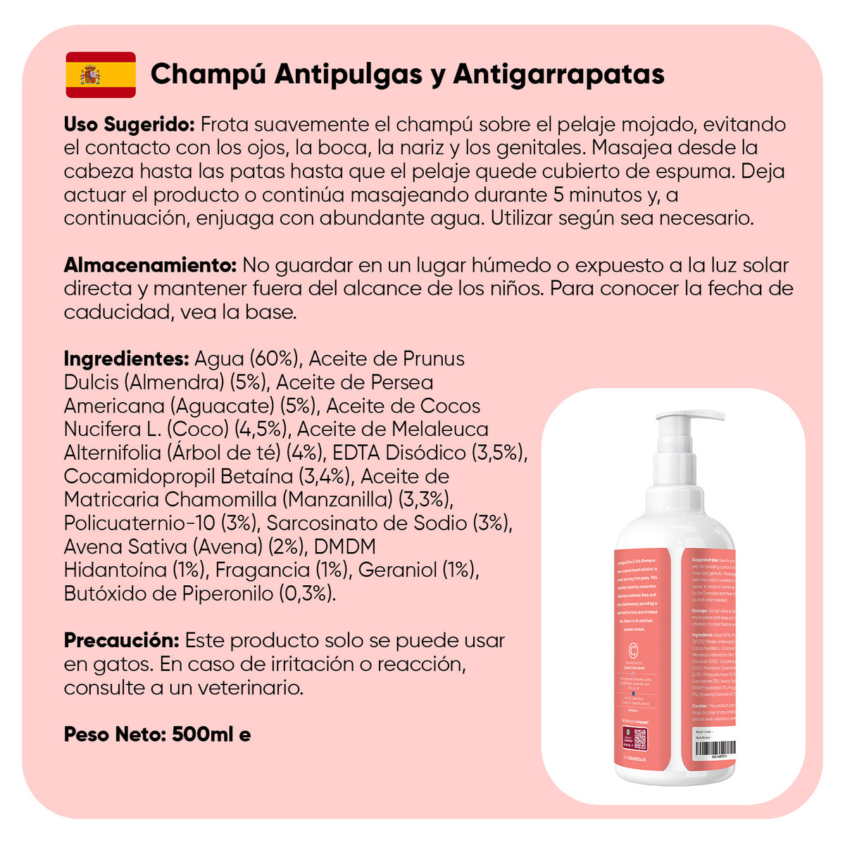 Champú antipulgas y antiarrapatas para gatos 500 ml