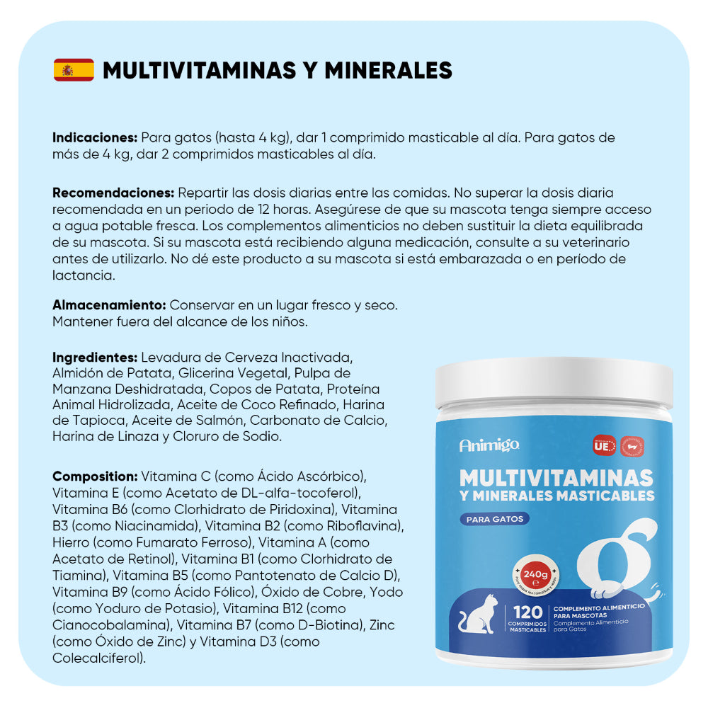Multivitaminas y minerales para gatos, 120 chuches blandas